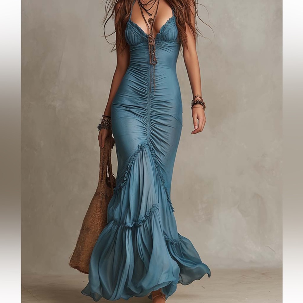 Bohemian Dusty Blue Ruched Mermaid Maxi Dress